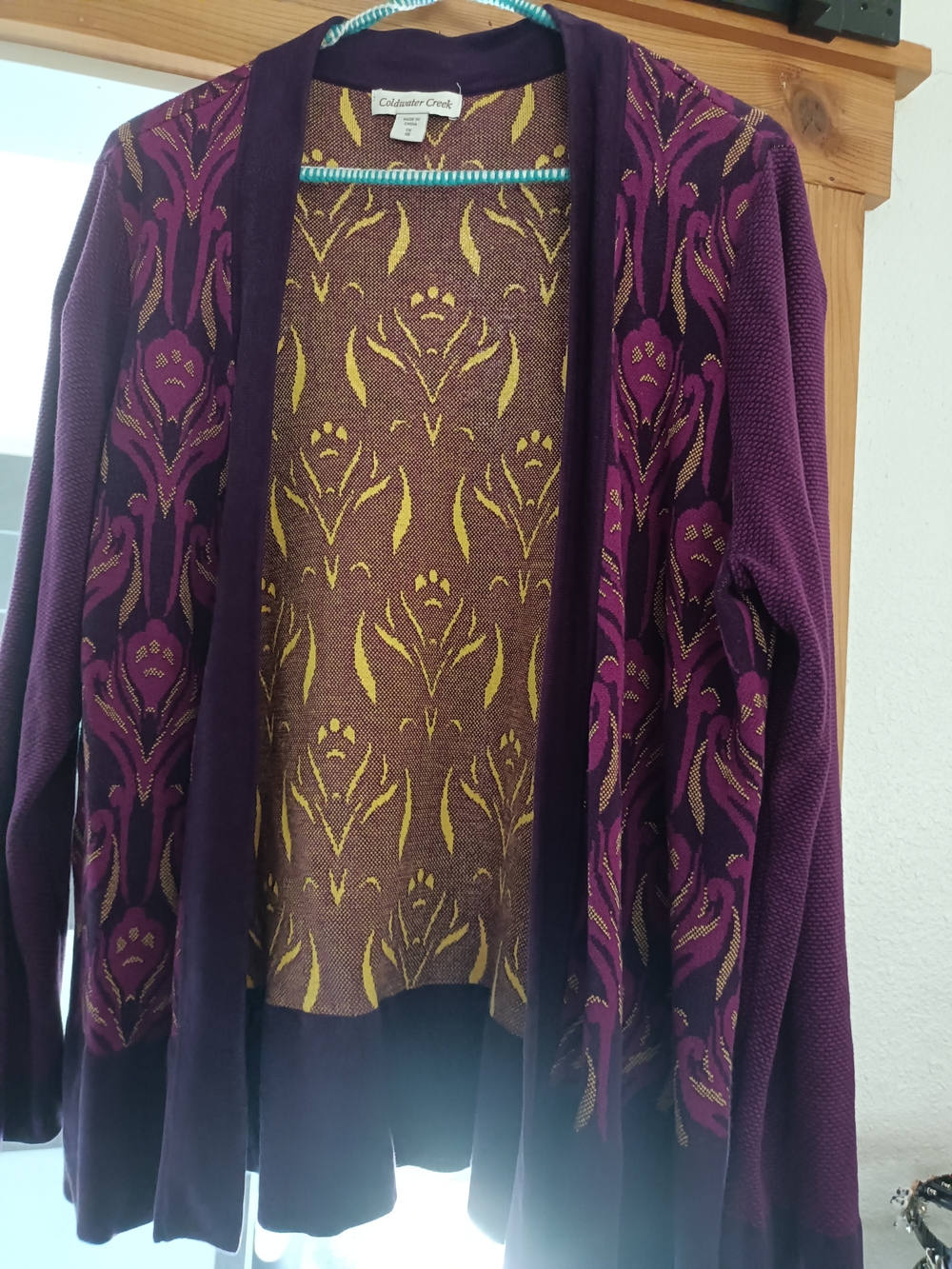 Coldwater Creek Purple and Gold Patterned Open-Front Jacket